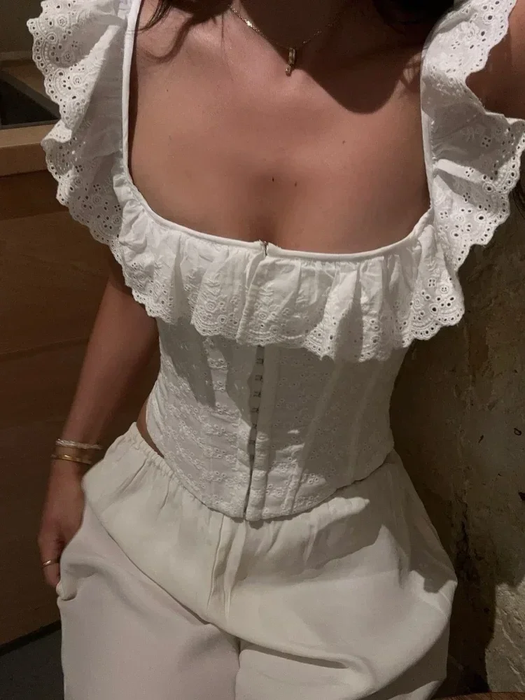 

White Lace Ruffle Corset Short Vest For Women Elegant Backless Off Shoulder Cropped Shirts 2025 Female Summer Party Club Tops