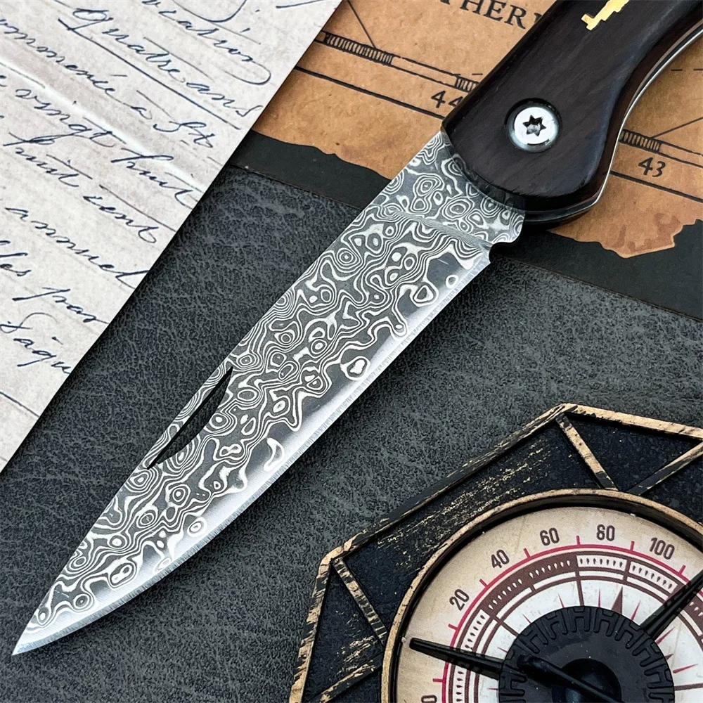 folding knife crafted with high-grade materials Damascus blade ebony handle a holiday gift portable utility camping hiking knife