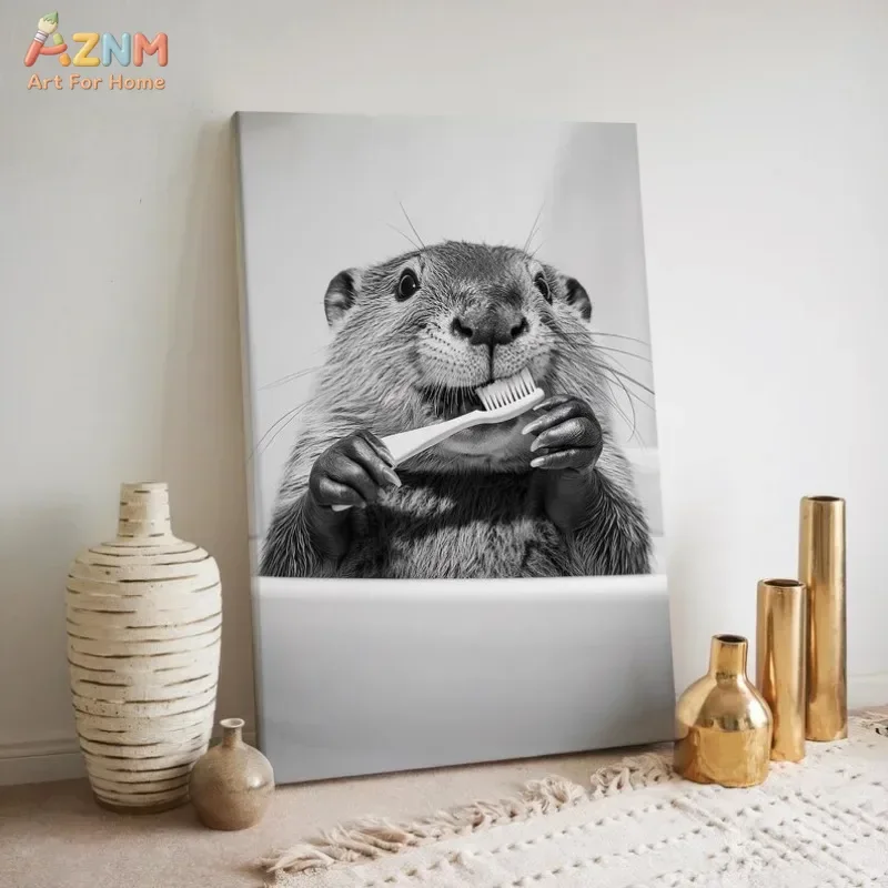 AZNM Funny Animal Brushing Teeth Canvas Wall Art Black White Dinosaur Lion Fox Print Unframed Canvas Painting Bathroom Decor