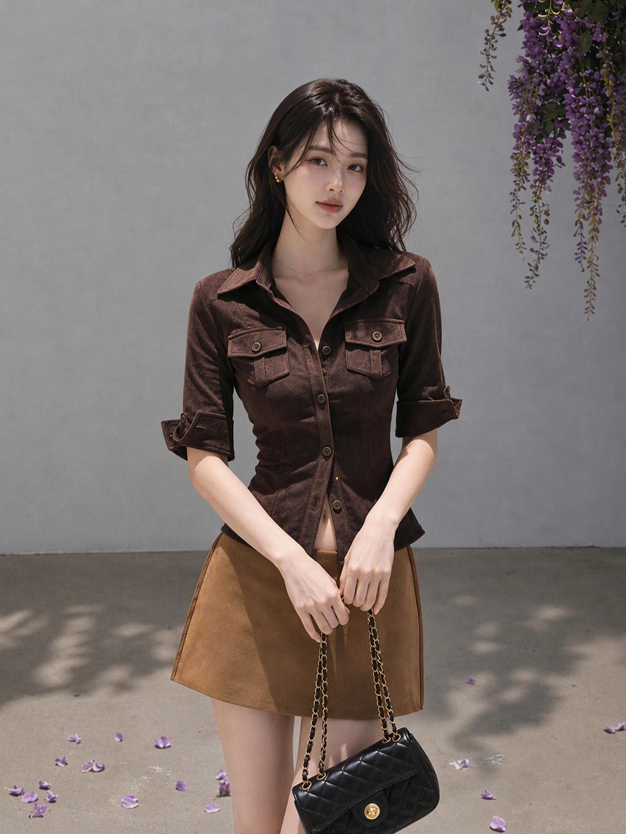 Retro American Design Brown Suede Half Sleeve Shirt Women's Spring Waist Cinching Slimming Shoulder Pad Workwear Shirt