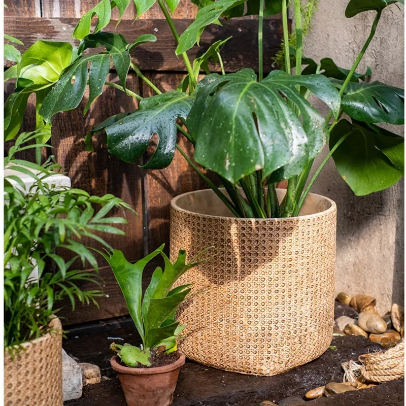 Retro Large Plant Container Imitation Rattan Weaving Cement Flower Pot Balcony Green Plant Pot, Bottom Drainage Hole Garden Pots