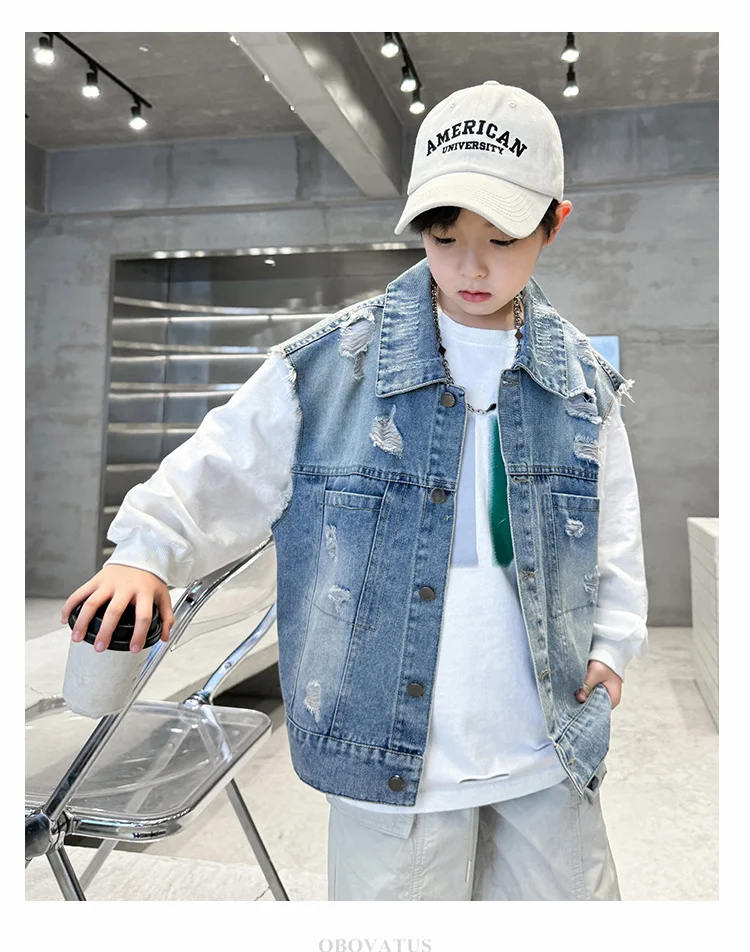Vintage-Muster Jeanswesten für Teenager-Jungen, Neue Frühlings- und Herbst-Ärmellose Jacken, Zerrissene Denim-Westen für Teenager 5-14 – Detail 2