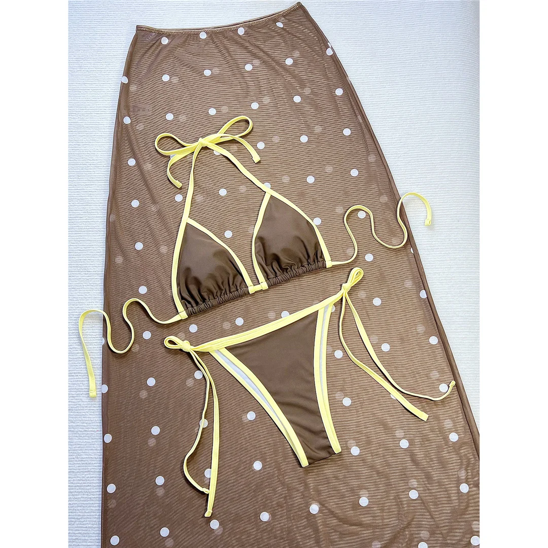 Mit Polka-Dot-Rock, Neckholder-Bikini, Damen-Badeanzug, dreiteiliges Bikini-Set, gepolsterter Badeanzug, Badebekleidung, Schwimmbekleidung V7883 – Detail 7