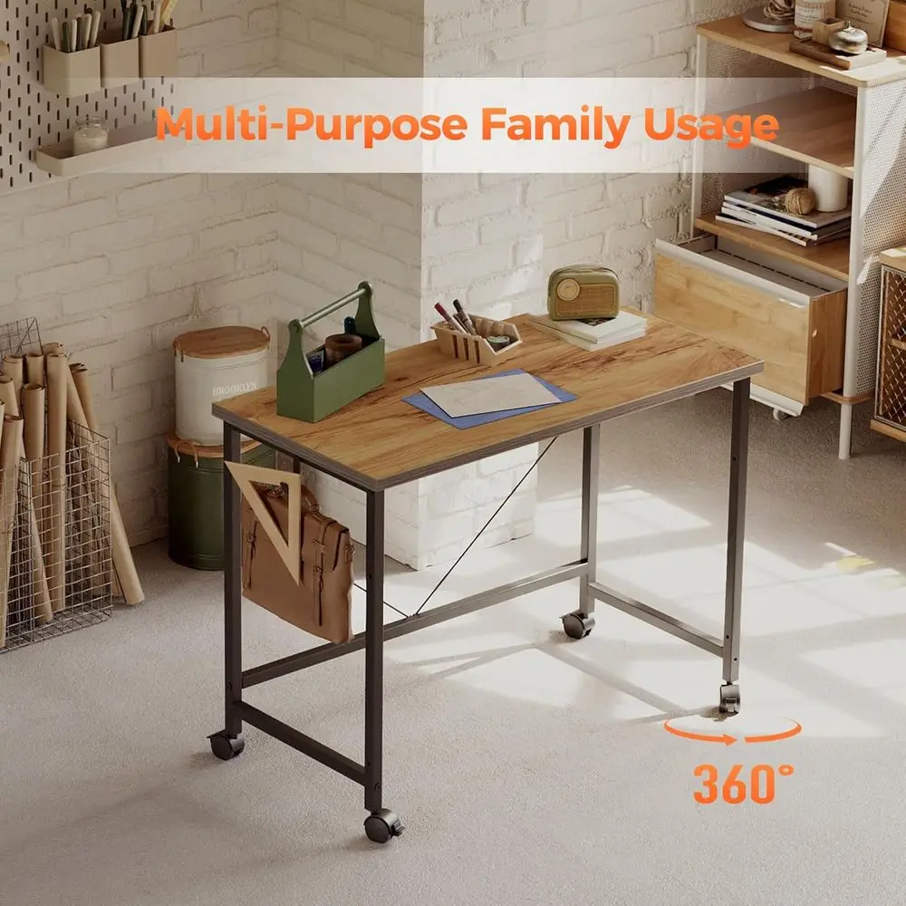 40 مكتب ألعاب حديث مع عجلات للمساحات المدمجة، طاولة مكتب منزلية أنيقة وخفيفة الوزن