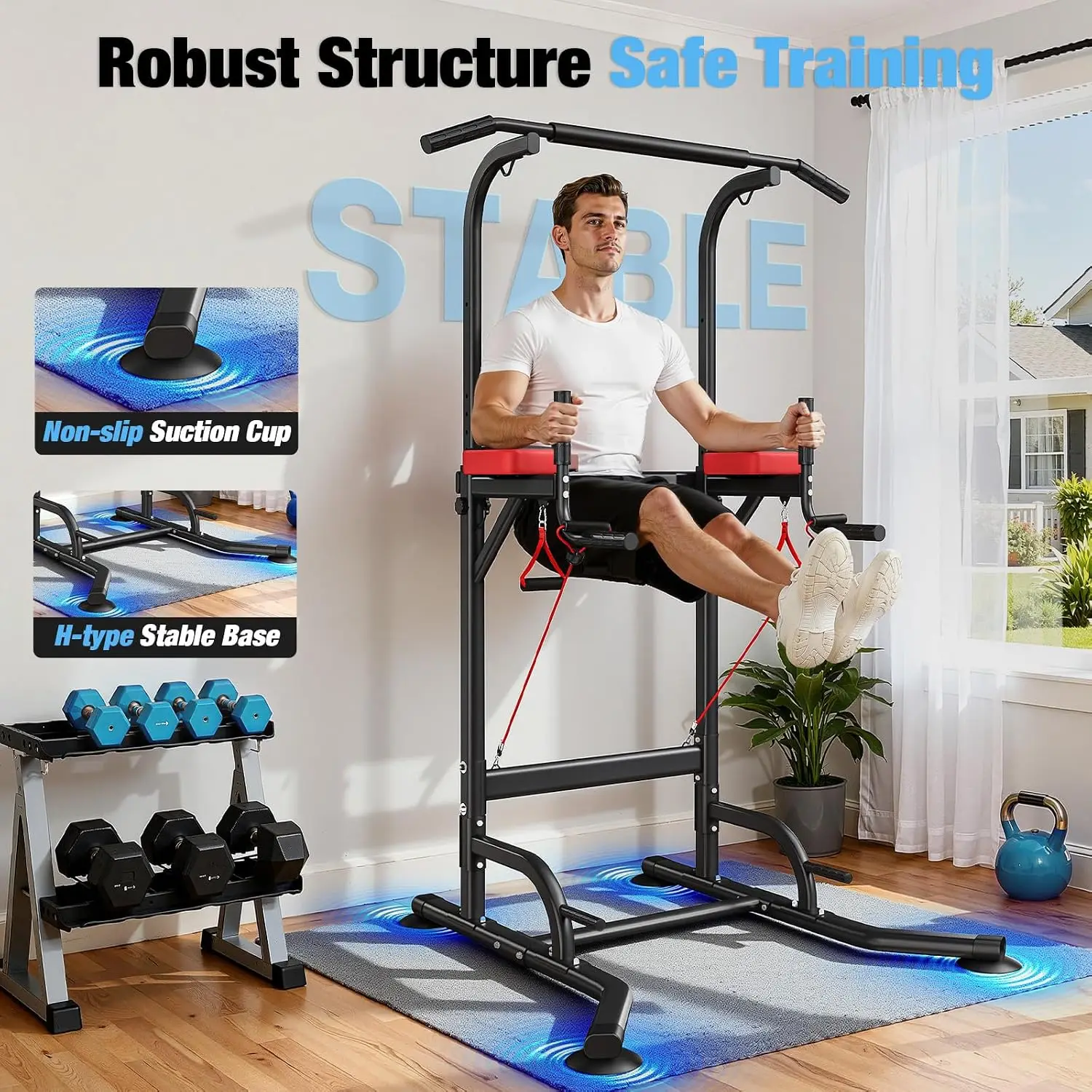 Multi-Function Power Tower Pull Up Dip Station, Height Adjustable Heavy Duty Strength Training Fitness Equipment for Home Gym