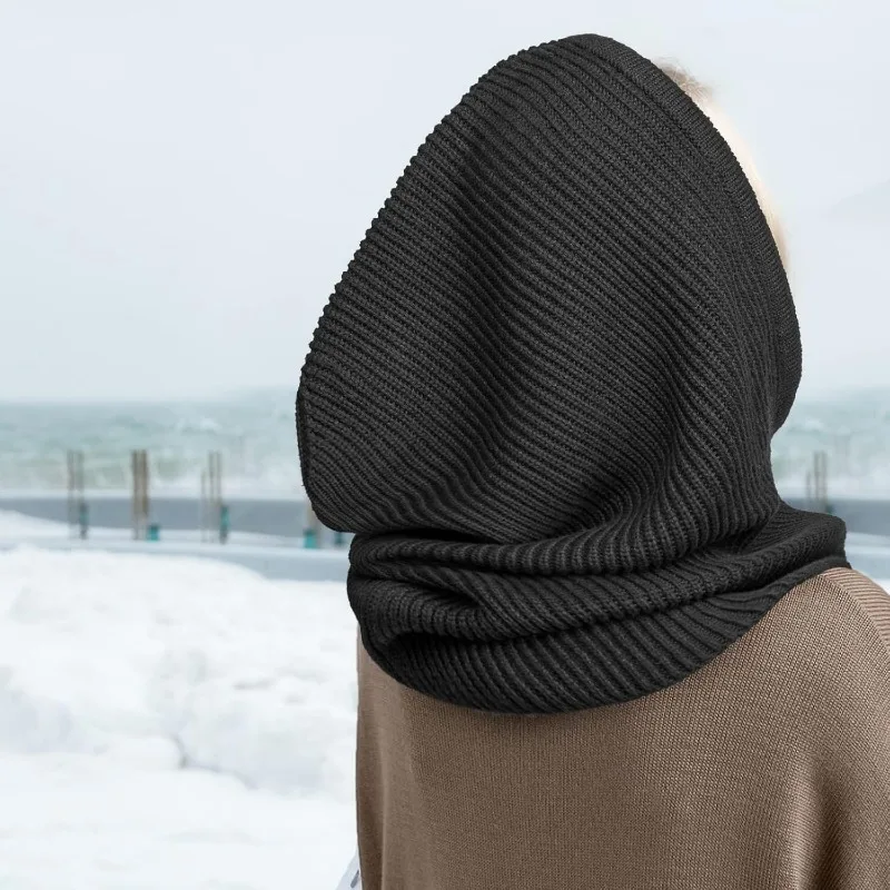 Winter Hats for Men Balaclava Knit Hats with Drawstring Warm Hooded Scarf Hat Solid Color Neck Collar Knitted Pullover Beanies