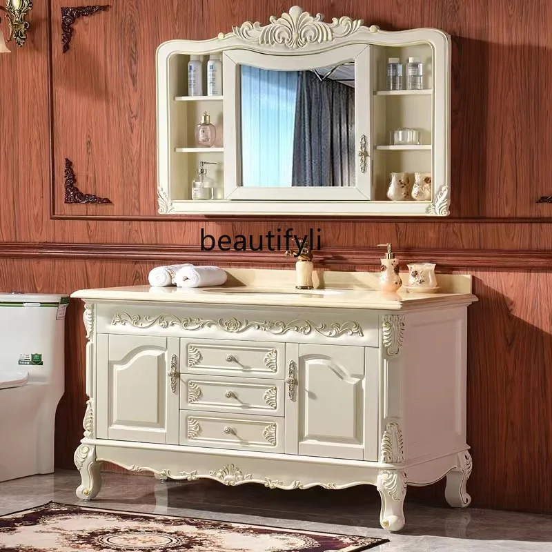 European Style Red Oak Bathroom Cabinet American Antique Solid Wood Bathroom Cabinet Marble Washstand