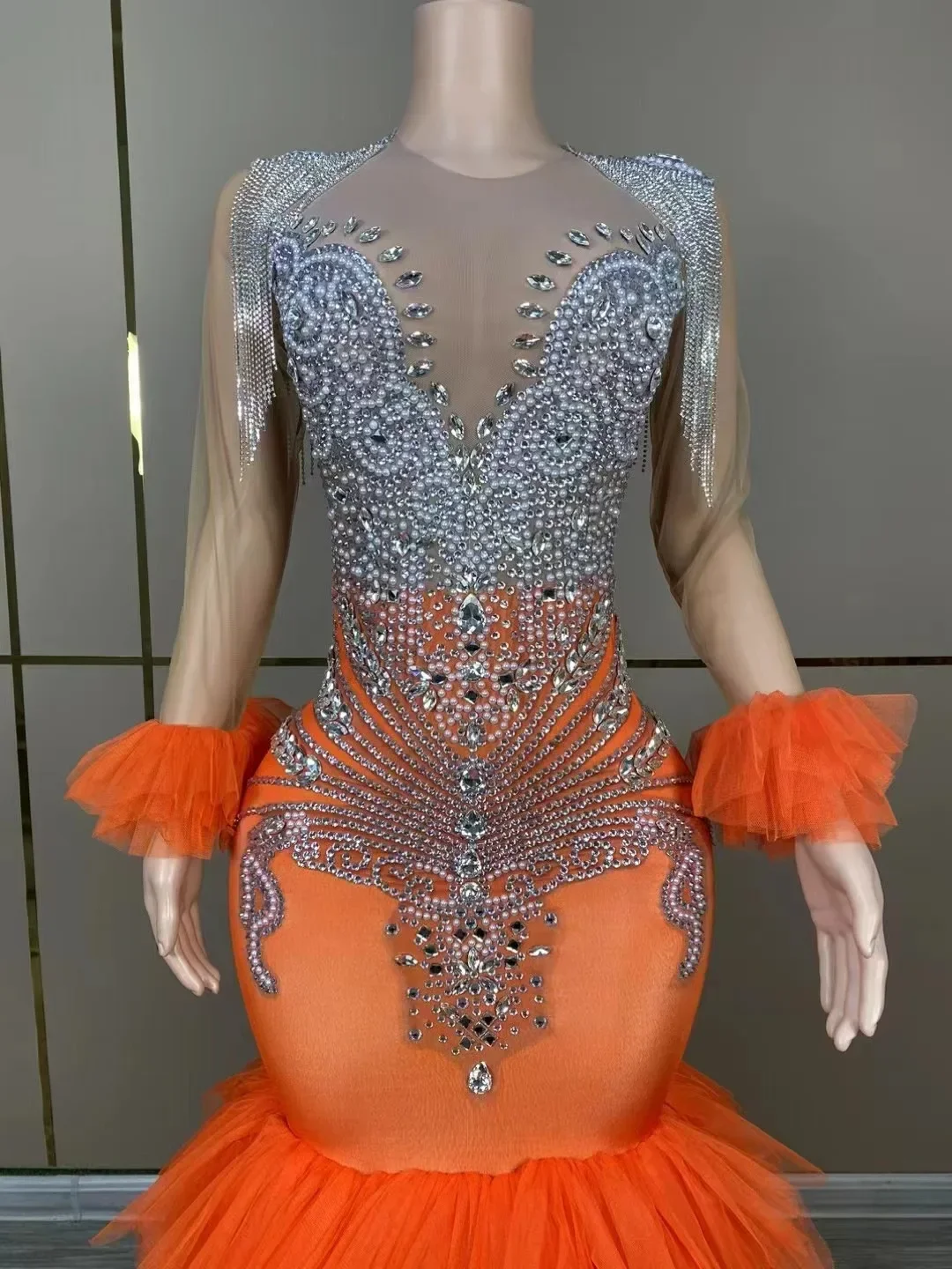 Orange Rhinestone Birthday Dress  Women Singer Stage Show Evening Prom Wedding Drag Queen Club  Wear