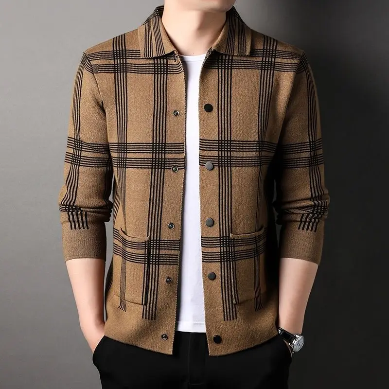 

Men Knitted Spring Autumn Thin Lapel Coat Koreon Big Size Elastic Cardigans Casual Argyle Cootrast Color Ingle-breasted Jacket