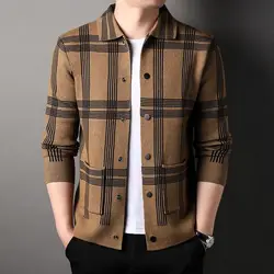 Men Knitted Spring Autumn Thin Lapel Coat Koreon Big Size Elastic Cardigans Casual Argyle Cootrast Color Ingle-breasted Jacket
