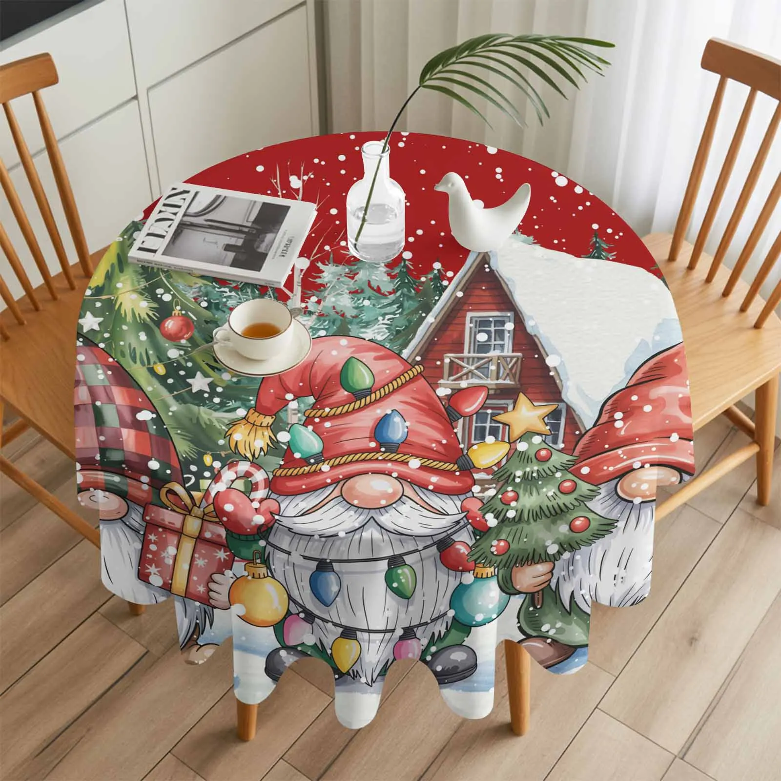 

Watercolor Christmas Chalet Gnome Round Table Cloth Festival Dining Tablecloth Waterproof Table Cover for Wedding Party Decor