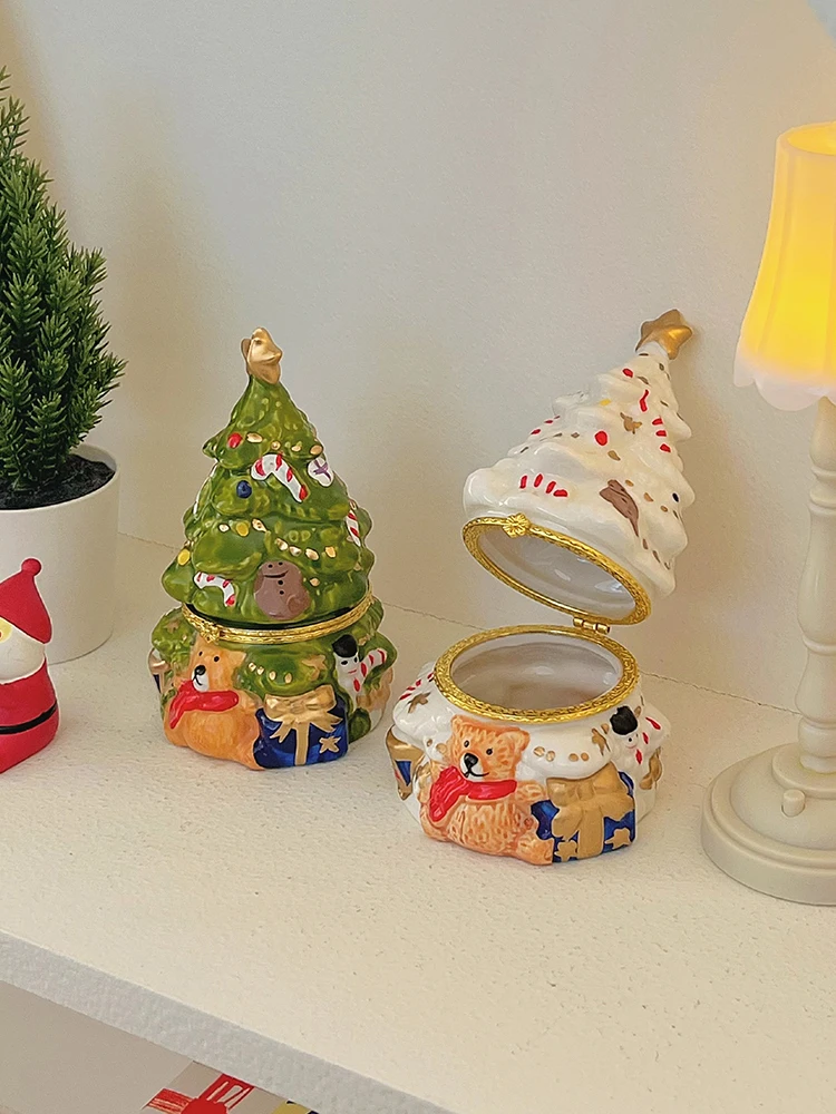 Storage Box Ceramic Christmas Tree Teddy Bear Storage Jar Cute Desktop Jewelry Box Decorative Ornaments Jewelry Organizer