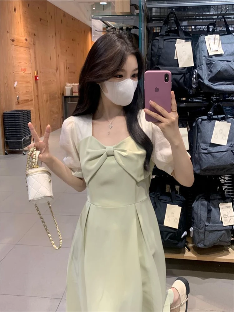 Dresses Women Bow Short Sleeve Fake Two Pieces Midi French Style Elegant Classic Simple Ins Temperament Stylish Summer Prevalent
