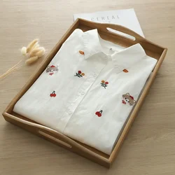 Long sleeve top youth blouses woman autumn spring tops Japan style cartoon cats embroider shirts 100% cotton base shirt