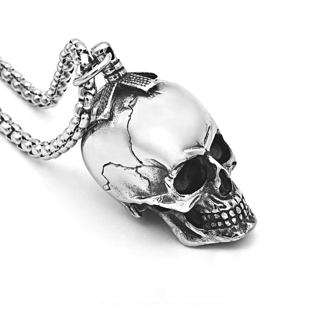 Goth Three Dimensional Skull Pendant Necklace Men Domineering Retro Stainless Steel Skull Biker Necklace Street Hip Hop Jewelry