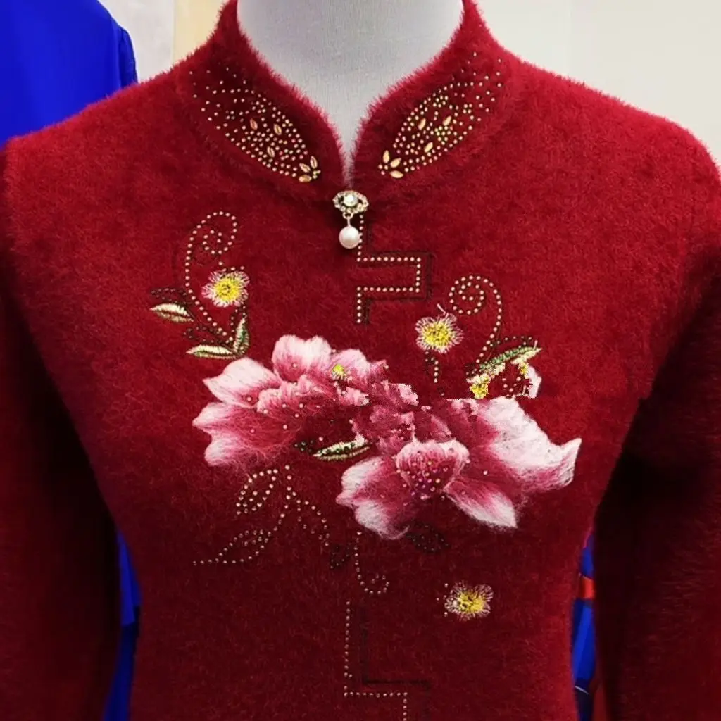 Winter Faux Mink Fleece Sweater Women Knit Pullover Floral Embroidery Warm Thick Soft Jumpers Long-Sleeve Coat High Quality Tops