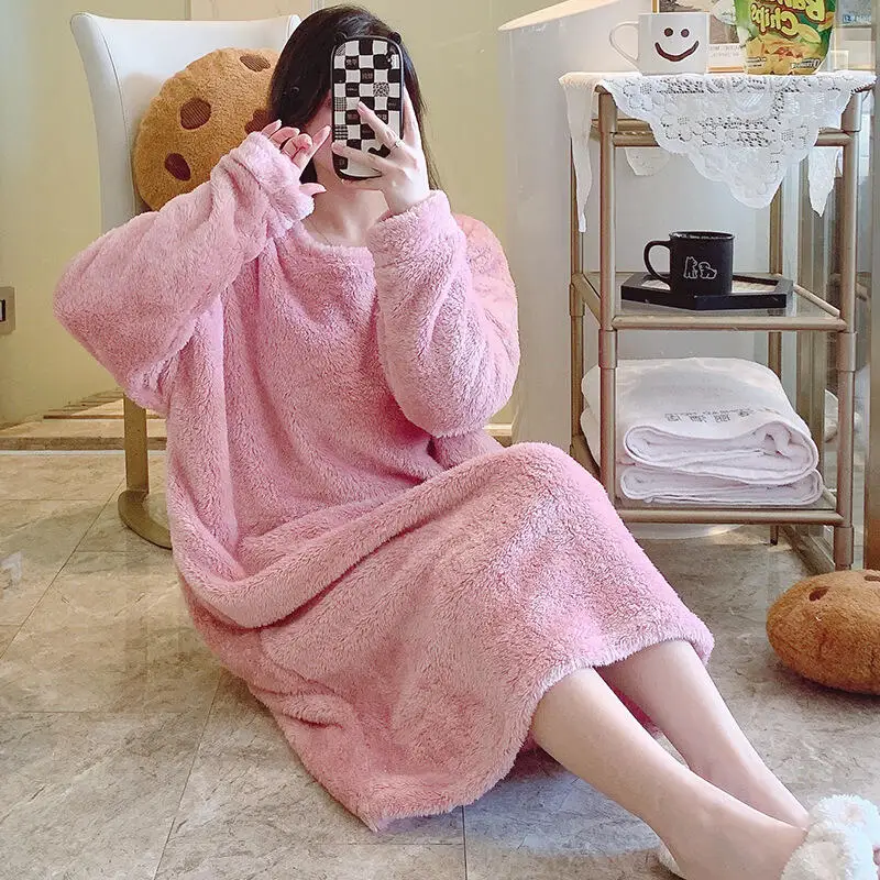 

Girl Autumn Winter Nightdress Minimalist Pajamas Keep Warm Homewear Coral Fleece Nightwear Woman Loungewear Flannel Sleepwear