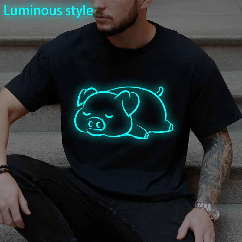 

Fun Pig Print Men Y2K Tops Classic Luminous Style Casual Male Streetwear Short Sleeve Round Neck Women Tees Animal Pig Tshirts