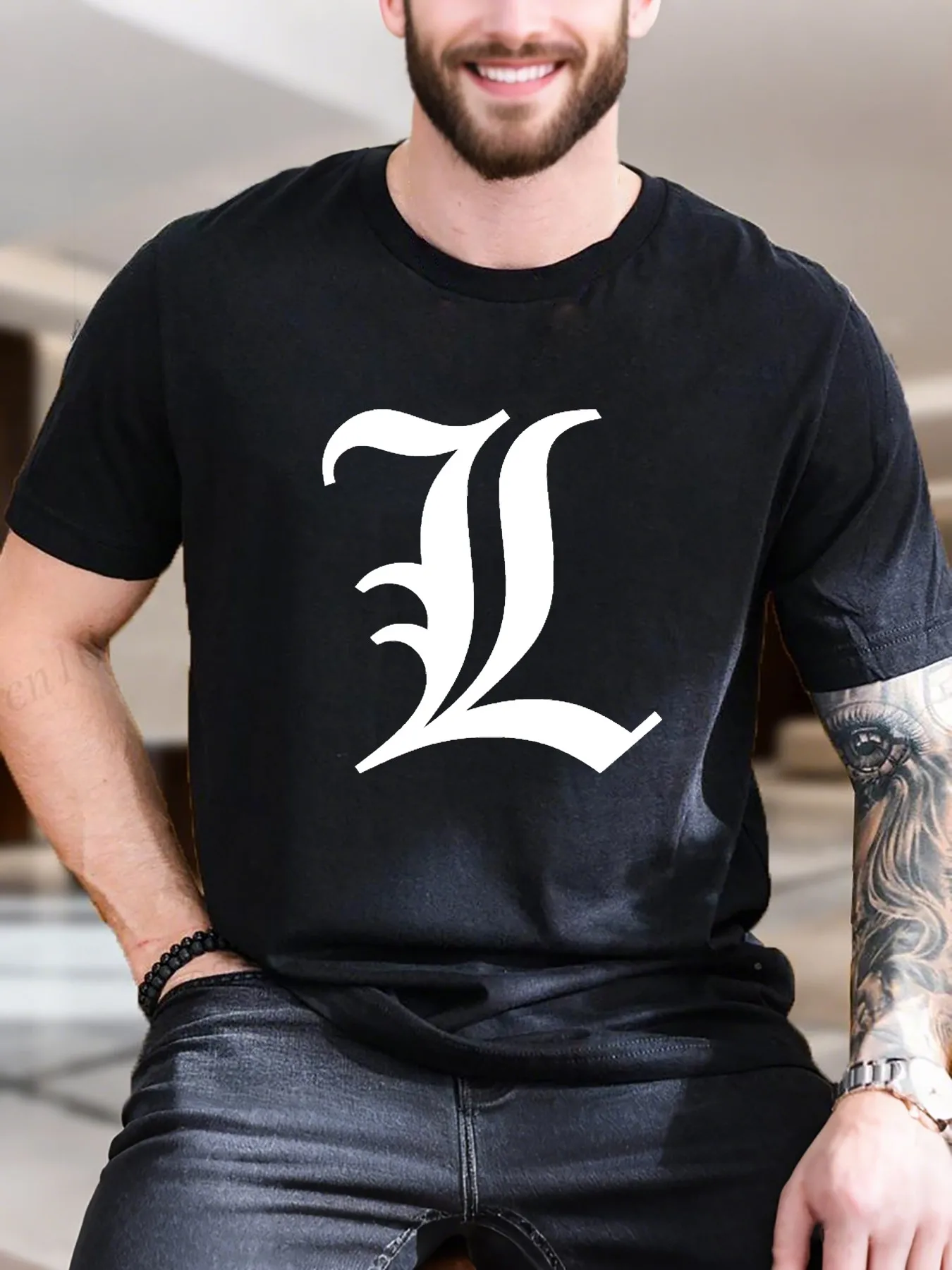 

New Arrival Fashion Men's Printed Short Sleeve T-Shirt Black White Square Leaf Pattern 100% Cotton Breathable Comfortable Casual