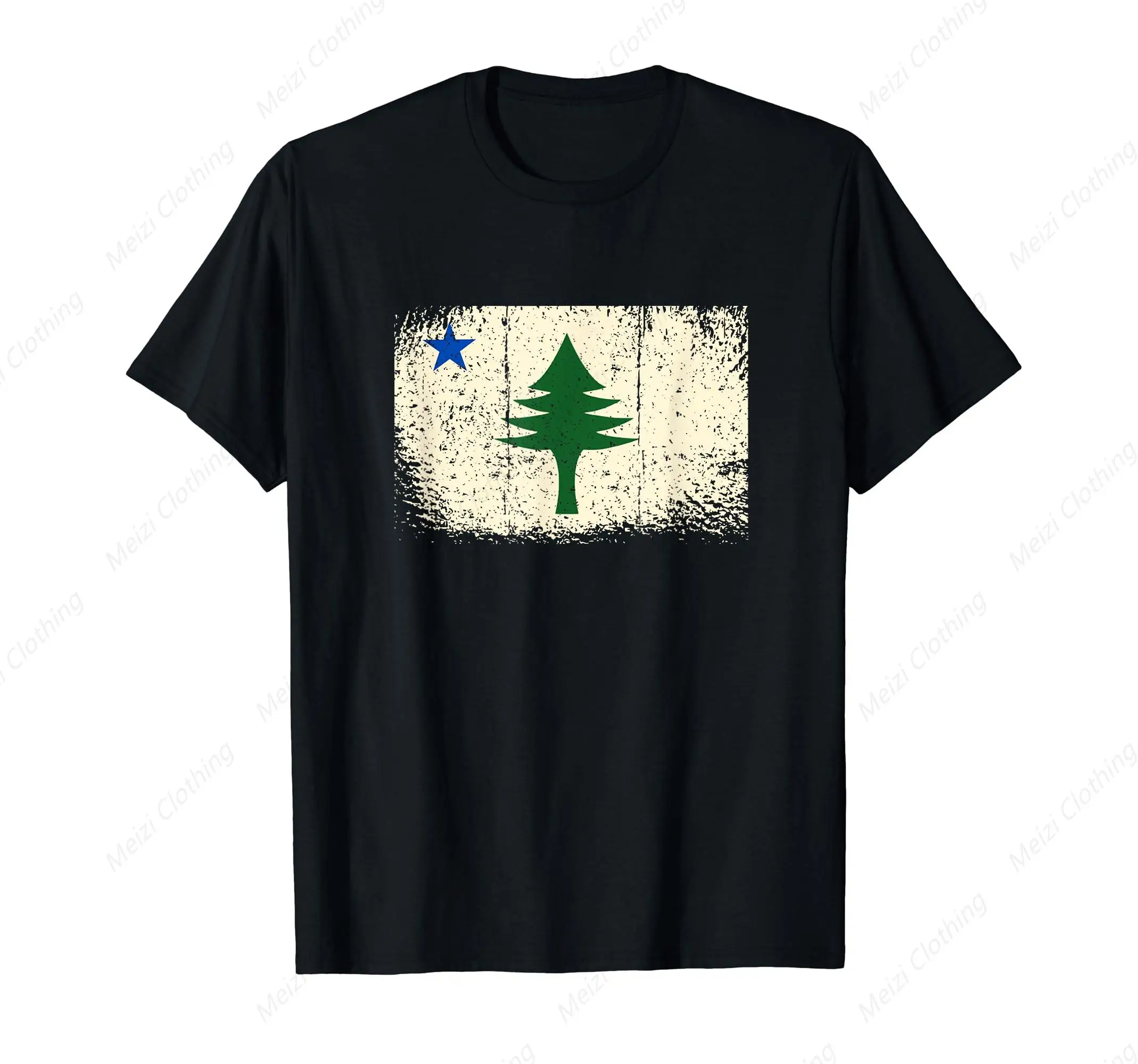 Maine Flag Print Shirt Tattered Pine Tree Flag T-Shirt Cotton Gift For Men's Clothing