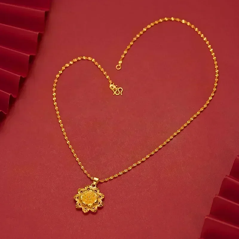 9999 Real Gold 24K Japan and Korea Fashion Women's Flower Necklace Versatile Pendant