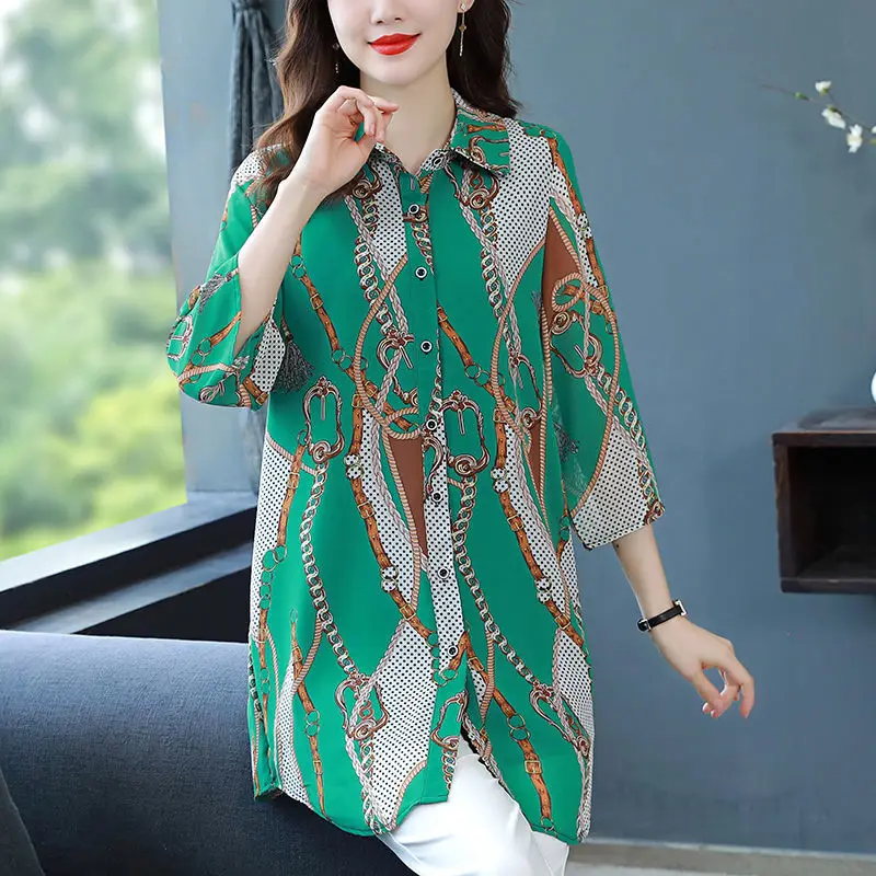 Elegant Vintage Single-breasted Printed Polo-Neck Shirt Summer New Women's Clothing Fashion Casual Chiffon Blouse for Female