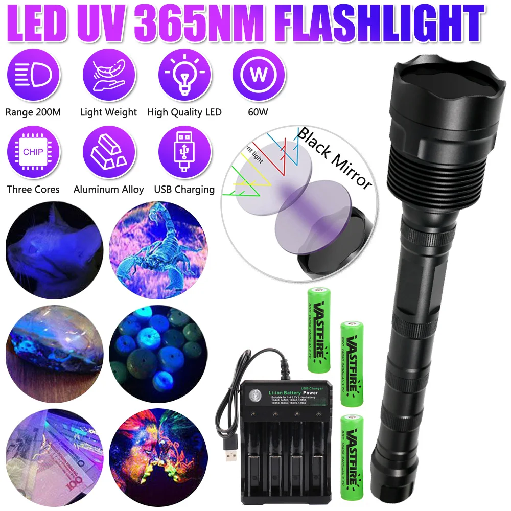 

60W 365nm UV LED Flashlight Ultraviolet Torch Zoomable Mini Ultra Violet Lights Inspection Lamp Pet Urine Stain Detector Tools