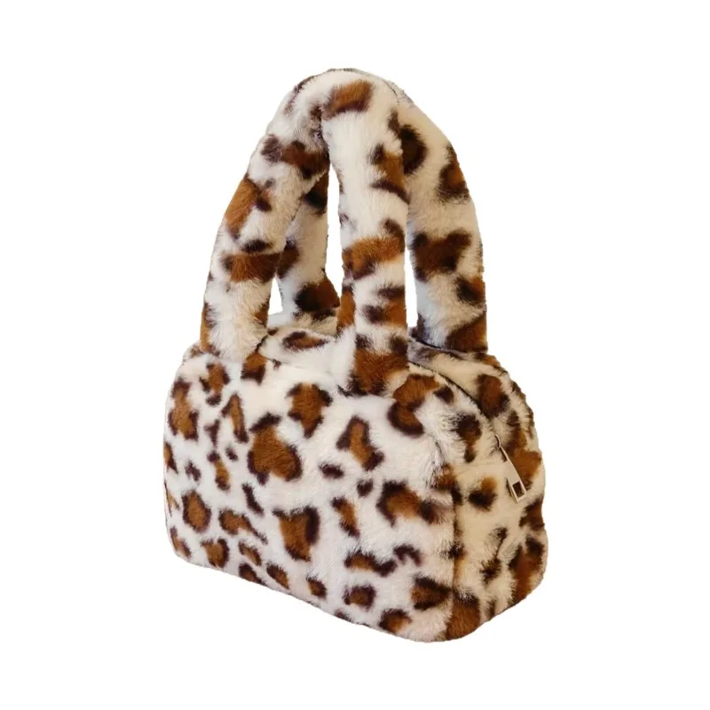Y2K Korean Retro Leopard Print Plush Tote Bag Trendy Mini Handbag Purse Lipstick Key Shopping Storage Bag for Women - view 5