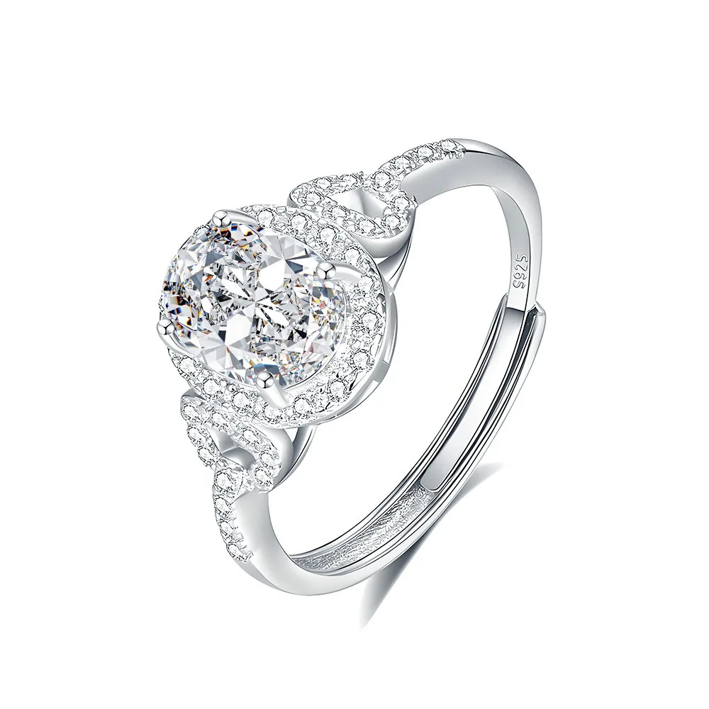 

S925 Родиевое покрытие 6x8 мм 1,5 карата D Цвет Овальное открытое кольцо с муассанитом и ореолом для женщин — сертифицированное GRA, элегантное ювелирное изделие в подарок.