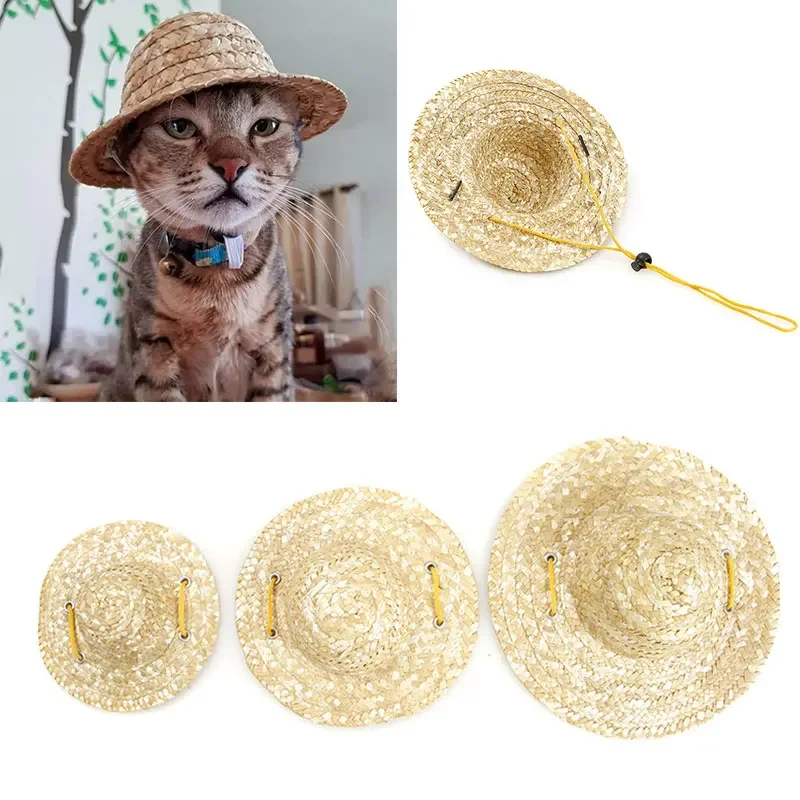 Fashion Pet Woven Straw Hat Cat Sun Dog Cosplay Hat Sombrero Small Dogs Cats Hawaiian Beach Party Straw Hat Costume Accessories