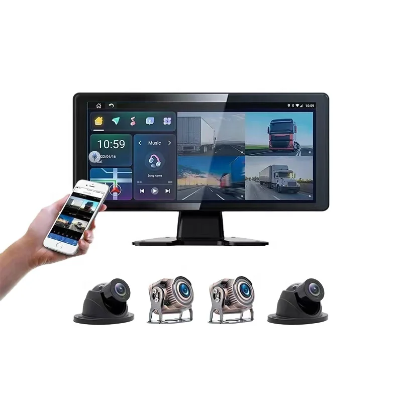 

iPoster 10.1in 4G quad split with DVR GPS navigation Built in BT CMSV touch screen 1600x720 Monitor and 1080P cameras 4G kit