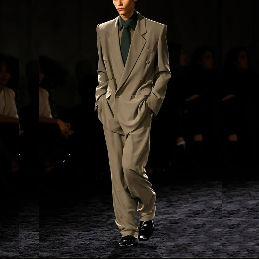 

Модный свободный мужской костюм-двойка с лацканами, двубортный пиджак с брюками, комплекты деловой офиса, повседневная повседневная мужская одежда