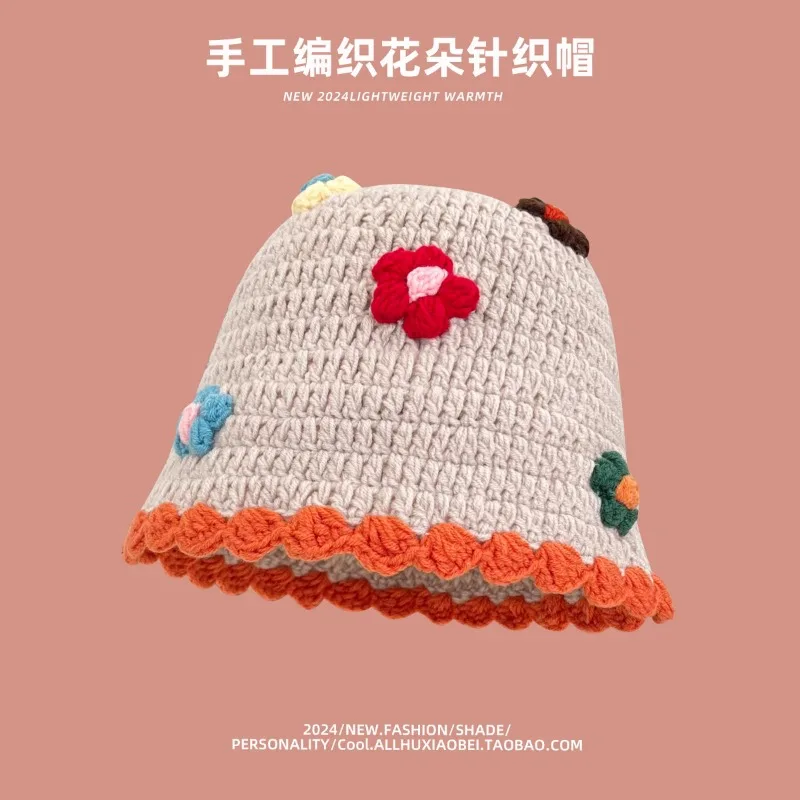 

2024 New Handmade Crocheted Flower Bucket Hat Women's Autumn and Winter Sweet and Cute Warm Dome Versatile Knitted Basin Cap