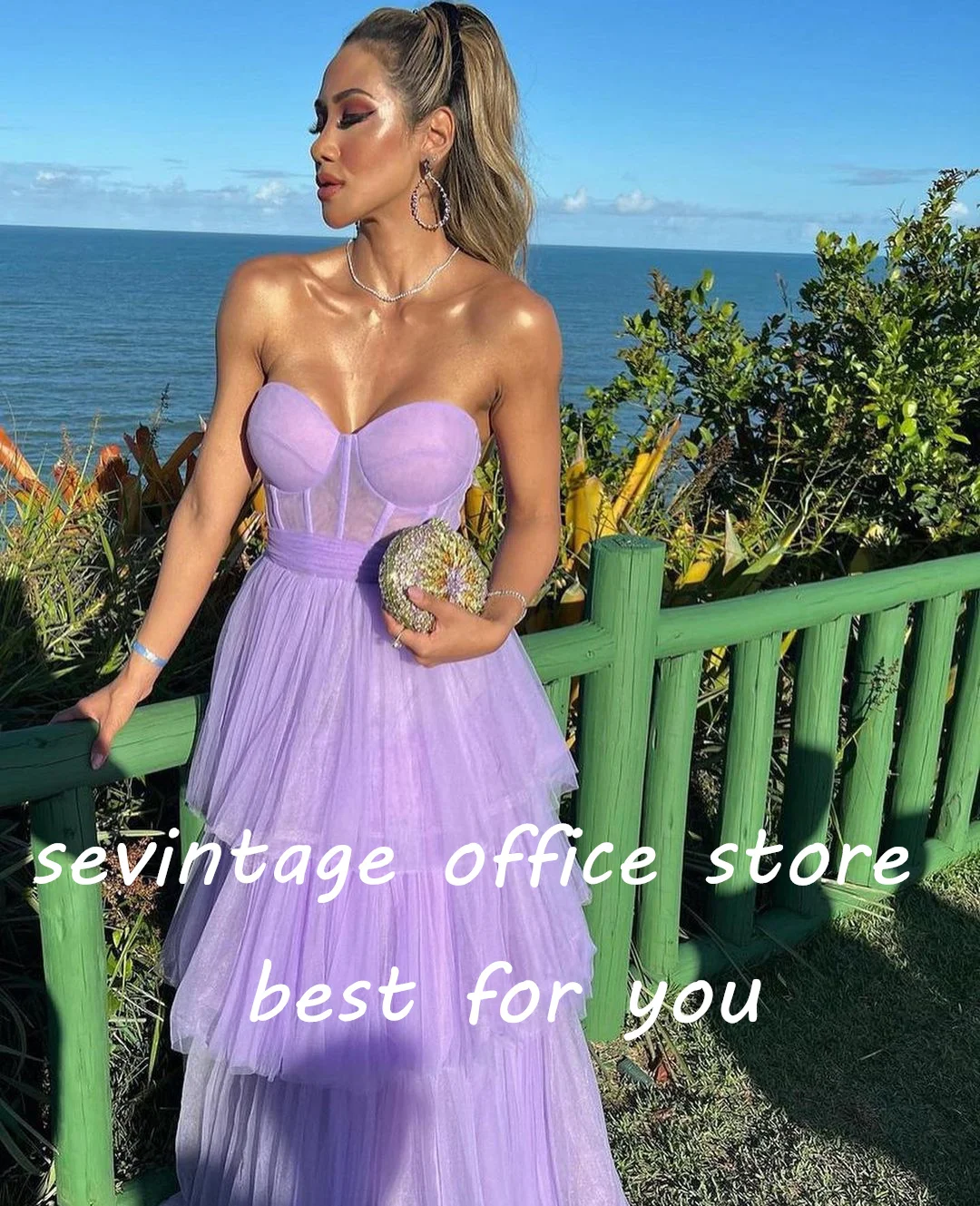 Sevintage-Lavender Tiered Ruffles Tulle Prom Dresses femininos, querida sem mangas, A-Line Plissado, Ruched Vestidos de noite, vestido de festa formal