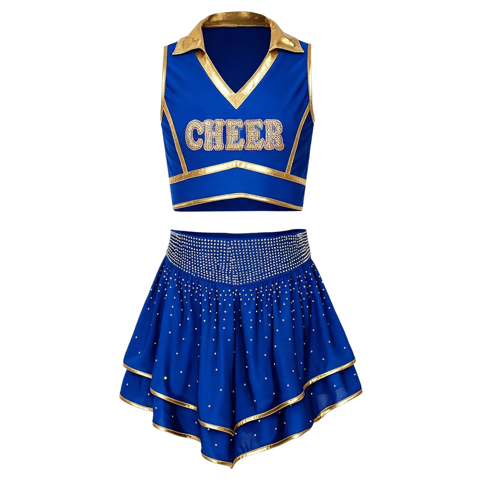 Cheerleader-Kostüm für Mädchen mit Metallic-Besatz, Strass-Cheerleading-Uniform, ärmelloses Crop-Top mit V-Ausschnitt und Rüschenrock – Detail 3