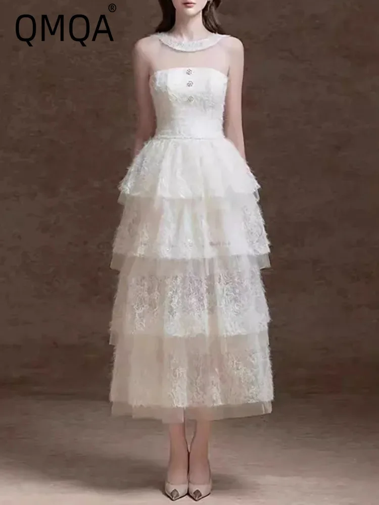 

QMQA Fashion Women's Evening Dress O-neck Sleeveless High Waist Embroidered Stacked Elegant Banquet Dress 2025 New 1A343