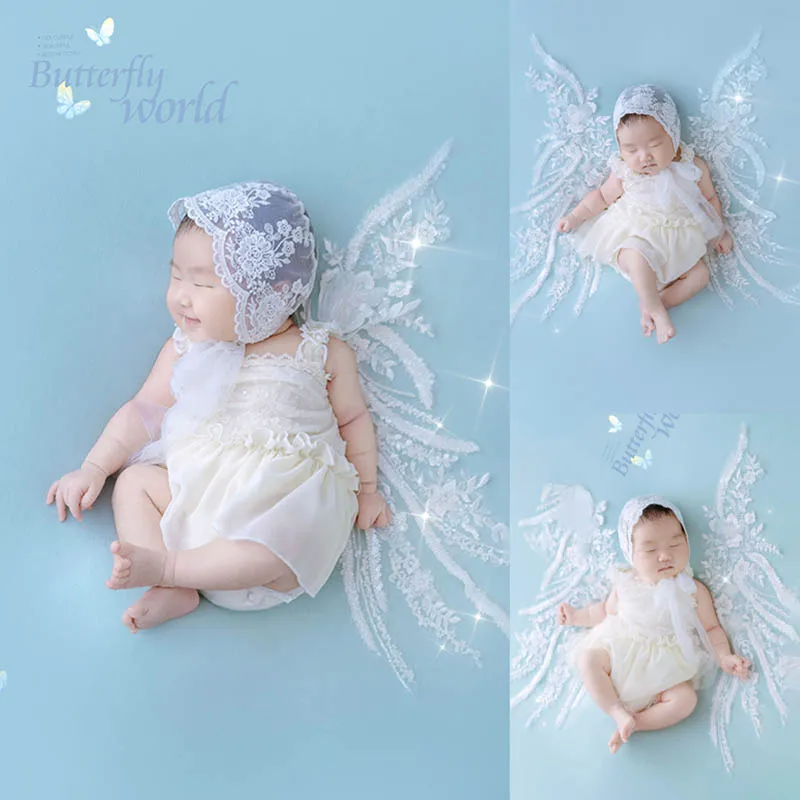 Lace Butterfly Wings Newborn Photography Clothing Sweet Style Baby Dress Hat Set Baby Girl Studio Photo Shooting Accessories