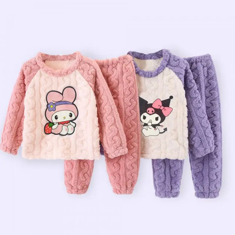 Kuromi فتاة المرجان الصوف الفانيلا منامة قطعتين مجموعة Sanrios أنيمي الخريف الشتاء الدفء دعوى الطفل الكرتون صالة الملابس