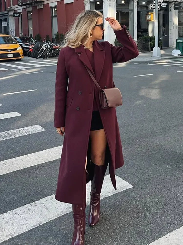 Elegant Wine Red Single Breasted Woolen Overcoat Women Fashion Big Lapel Pockets Long Coat Lady Winter New Highstreet Outwears