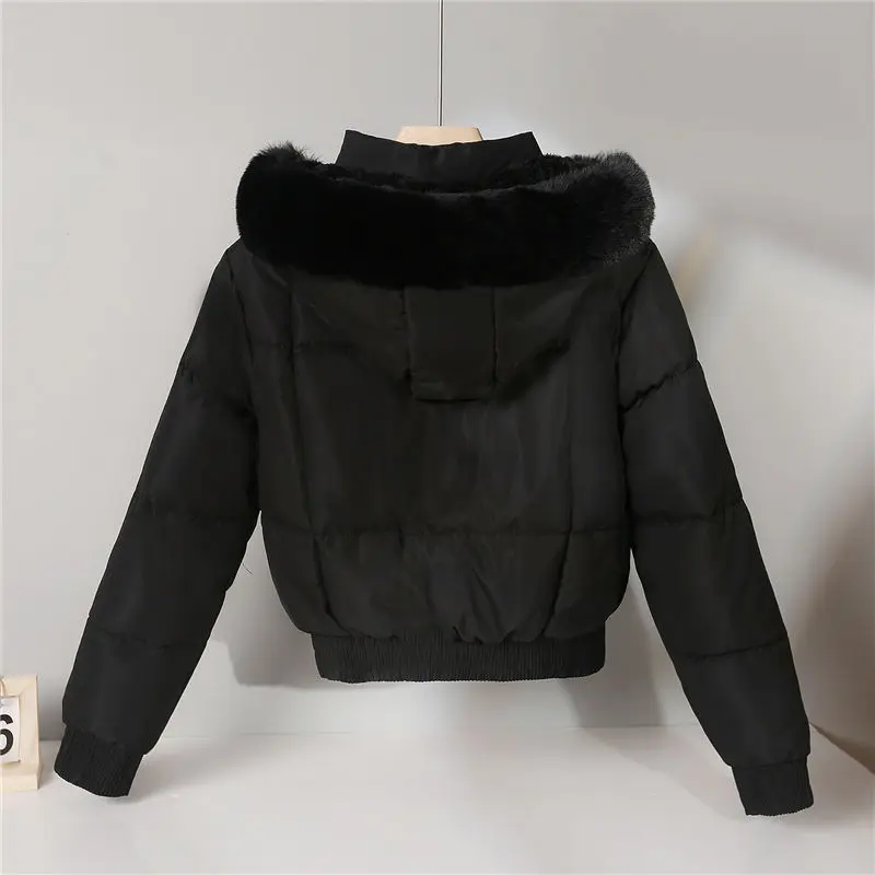 Moda inverno velo forrado quente recortado jaqueta feminina gola de pele com capuz casaco de algodão parka acolchoado manga longa à prova de vento outerwear