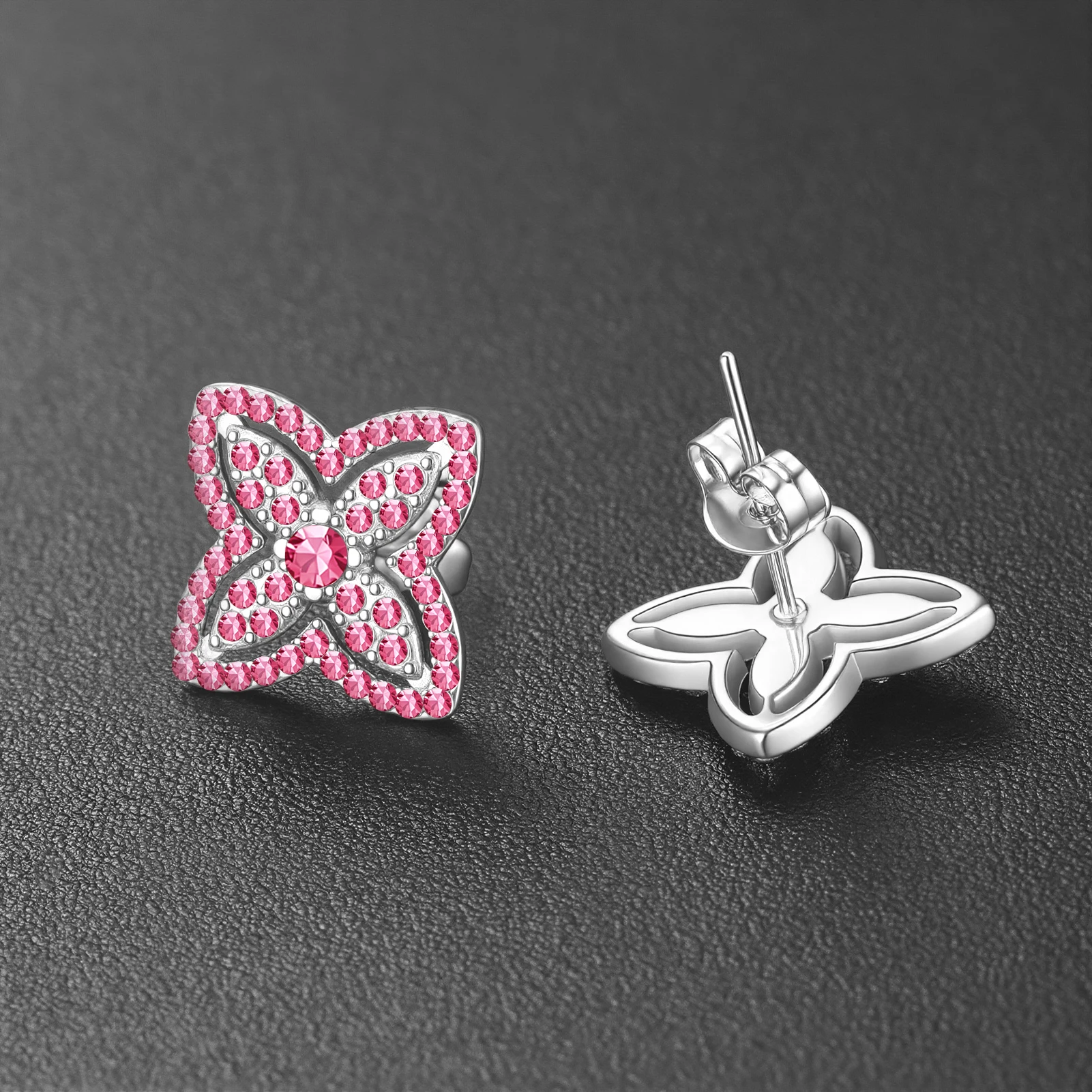 Eueavan 3D-Ohrstecker mit vier Blättern und Strasssteinen, Blumenohrschmuck, Edelstahl-Ohrringe für Damen, Geschenke, Großhandel – Detail 8