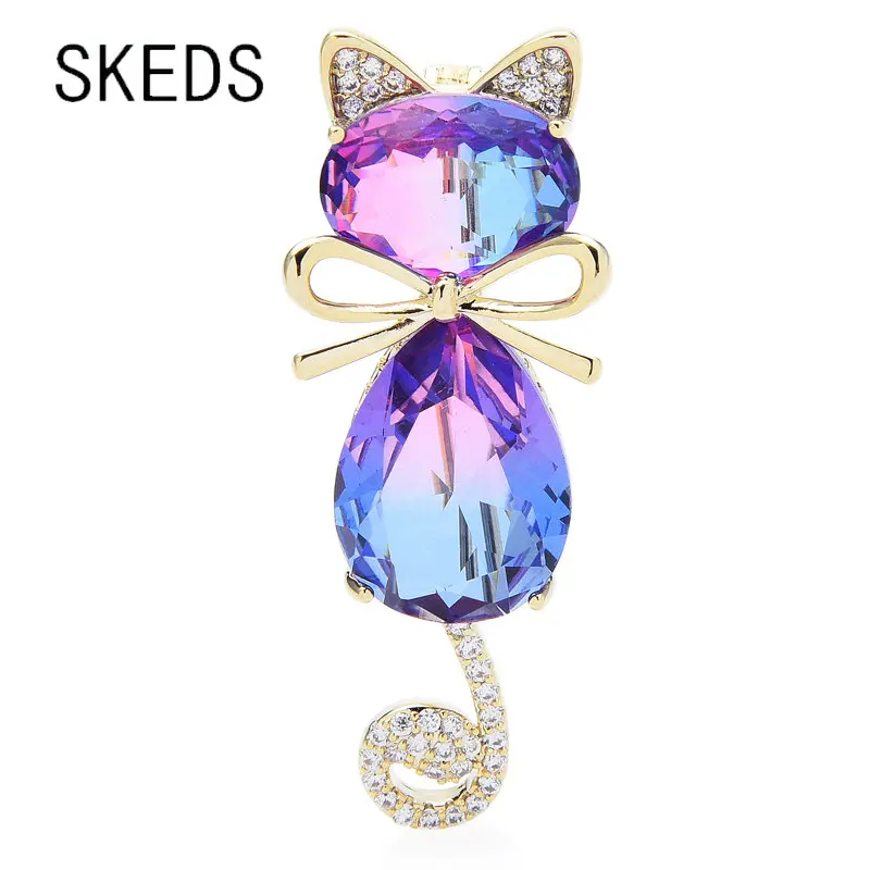 SKEDS Exquisite Colorful Crystal Cat kitten Shining Brooches Pins Decoration Boutique Animal Rhinestone Badges Coat Clothes Pin