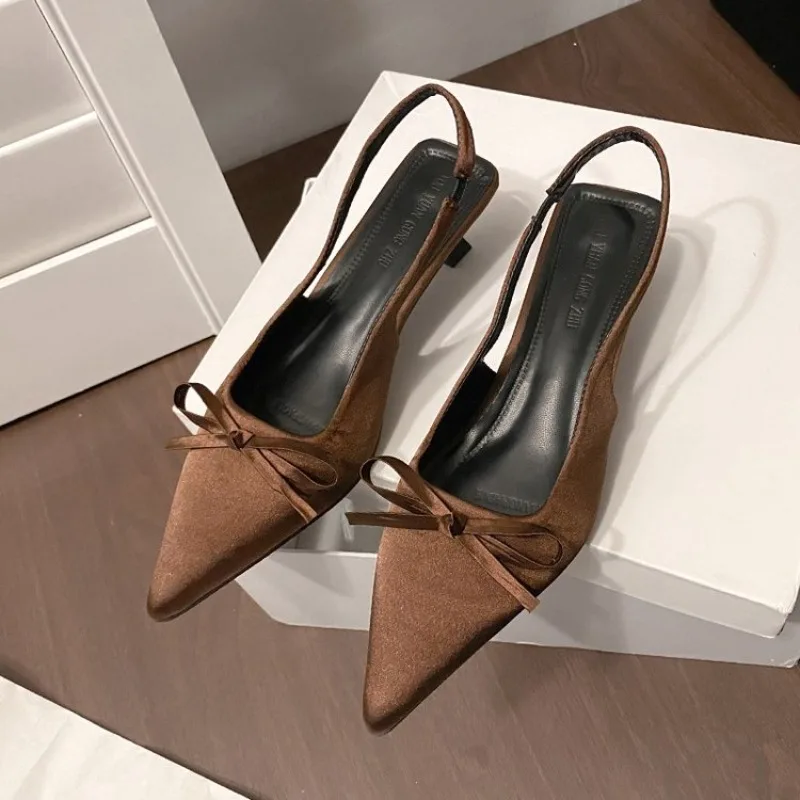 

Satin Pointed Toe High Heeled Sandals Women Summer New Sexy Thin Heels Slingback Shoes Bow Elegant Party Dress Shoes Women Pumps