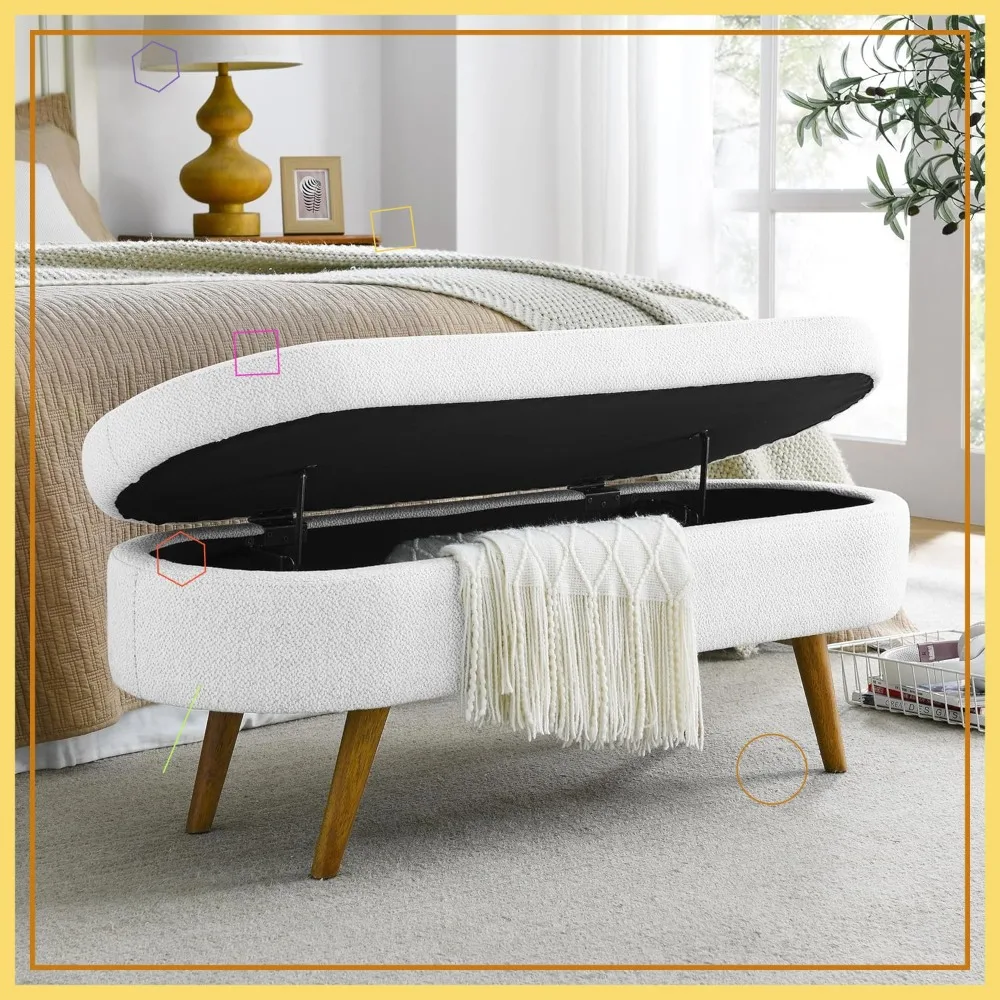 مقعد تخزين من قماش الكتان الأبيض مقاس 43.5 بوصة مع أرجل خشبية صلبة لغرفة المعيشة وغرفة النوم ومدخل العثماني
