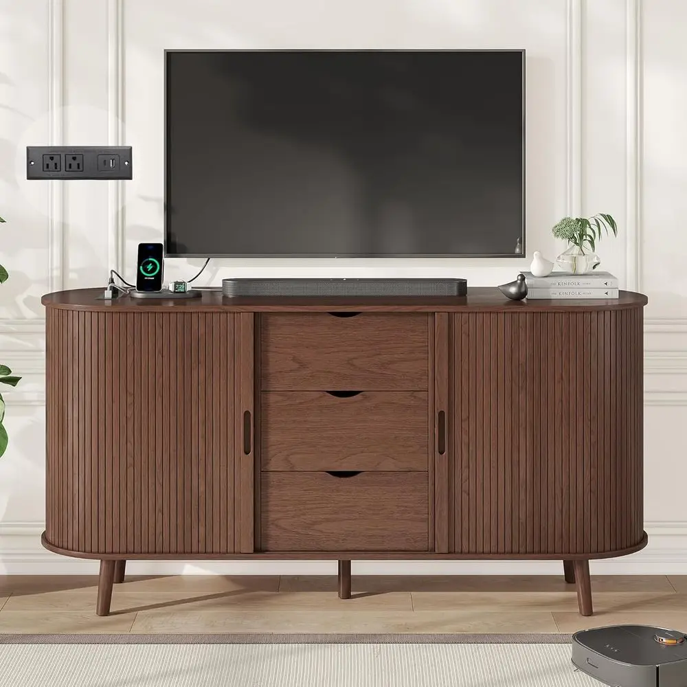 59-Inch Century Modern TV Stand with Charging Station, 32-Inch Tall Curved Edge Media Table for Living Room or Bedroom in Walnut