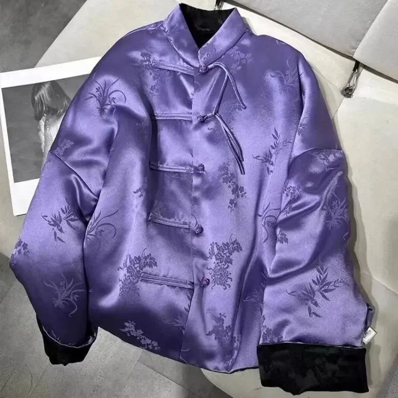 

Chinese Style Purple Satin Jacquard Cotton Coat Women Autumn Winter Womens Long Sleeve Soft Jacket Fashion Frog Button Outwear