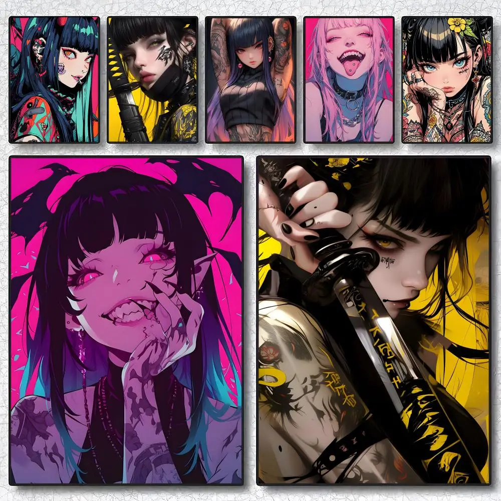 Image of Cyberpunk Tattoo Girl Poster, selbstklebender Wandkunstdruck, wasserfest, für Zuhause, Wohnzimmer, Schlafzimmer, ästhetische Dekoration