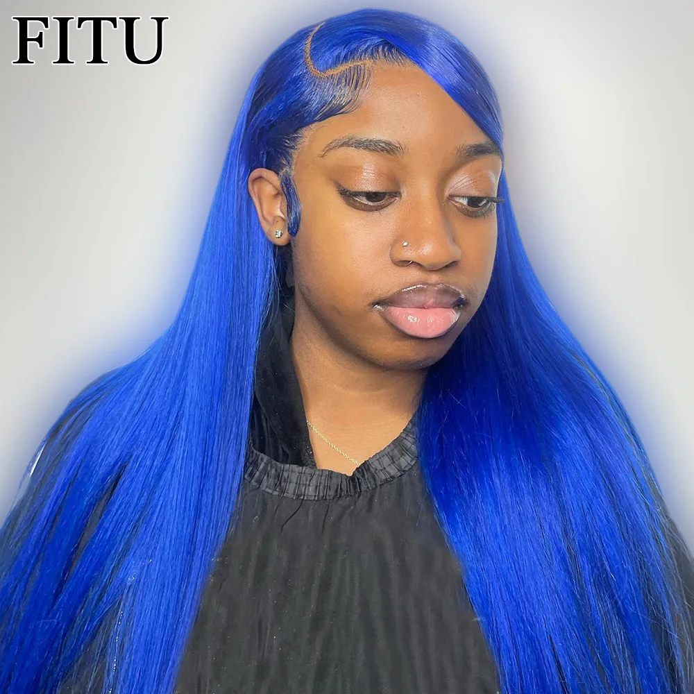 

FITU Blue Transparent 13x6 13x4 Lace Frontal Human Hair Wig 613 Colored Plucked With Baby Hair 5x5 Lace Closure Wig