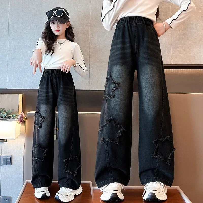 Women's Middle School Children's Loose Straight-leg Pants, Five-pointed Star Jeans, Spring and Autumn Children's Pants