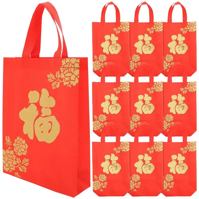 

10pcs Chinese New Year Handle Gift Bag Chinese FU Character Print Gift Bag Spring Festival Present Pouch Reusable Nonwoven Bag